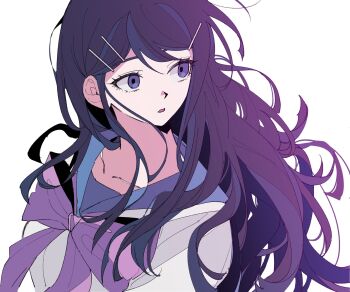 1girl bibi_(p_pp8888) blue_sailor_collar bow bowtie breasts collarbone danganronpa:_trigger_happy_havoc danganronpa_(series) from_above hair_between_eyes hair_ornament hair_over_shoulder highres long_hair looking_to_the_side maizono_sayaka parted_lips pink_bow pink_bowtie purple_eyes purple_hair sailor_collar school_uniform shirt simple_background small_breasts solo swept_bangs upper_body very_long_hair wavy_hair white_background white_shirt