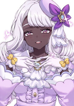 1girl blush bow center_frills collarbone commentary_request dark-skinned_female dark_skin dress frills gloves hands_up highres jacinthe_(pokemon) kayanogura long_hair long_sleeves looking_at_viewer nintendo parted_lips pink_dress pokemon pokemon_legends:_z-a purple_eyes simple_background smile solo teeth upper_body upper_teeth_only very_long_hair white_background white_gloves white_hair wide_sleeves yellow_bow