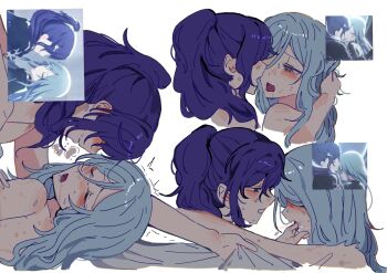 2girls asahina_mafuyu bed_sheet bite_mark bite_mark_on_arm bite_mark_on_shoulder blue_eyes blue_hair blush closed_eyes commentary_request drooling finger_in_another's_mouth game_screenshot_inset girl_on_top hair_between_eyes hair_over_eyes hair_over_shoulder half-closed_eyes hand_on_another's_arm hand_on_another's_head heart heart-shaped_pupils heavy_breathing high_ponytail highres hinomori_shizuku implied_sex kid_sppinarl long_hair lying motion_lines multiple_girls multiple_views nude on_back open_mouth ponytail project_sekai purple_eyes screenshot_inset sheet_grab shoulder_blush sidelocks simple_background sweat sweatdrop symbol-shaped_pupils tearing_up tongue tongue_out trembling white_background yuri