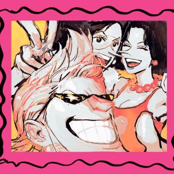 1boy 2boys ^_^ black_hair border clenched_teeth closed_eyes commentary earrings english_commentary franky_(one_piece) jewelry kiwi_(one_piece) long_nose mos_(one_piece) multiple_boys necklace one_piece pearl_necklace pink_border pompadour puffingseas siblings sisters smile sunglasses teeth v-shaped_eyebrows