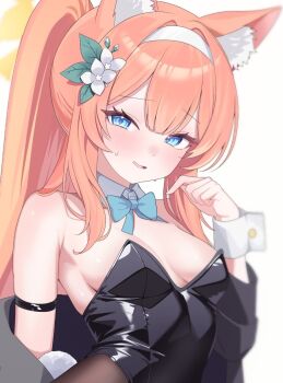 1girl animal_ear_fluff animal_ears black_jacket black_leotard black_pantyhose blue_archive blue_bow blue_bowtie blue_eyes blush bow bowtie breasts cat_ears cat_girl cleavage collar commentary dot_nose double-parted_bangs flower hair_flower hair_ornament hairband halo hand_up high_ponytail highleg highleg_leotard highres jacket jacket_partially_removed leotard long_hair looking_at_viewer mari_(blue_archive) medium_breasts open_mouth orange_hair pantyhose playboy_bunny poko050498 ponytail simple_background solo standing sweatdrop upper_body white_background white_collar white_flower white_hairband white_wrist_cuffs wrist_cuffs yellow_halo