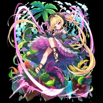 black_background black_dress black_hat black_sandals blonde_hair blunt_bangs blush child cloud detached_sleeves dress flat_chest full_body hair_intakes hat highres ivy leaf long_hair merc_storia merc_storia_art_team official_art parted_lips pink_eyes plant rexina_(merc_storia) sandals simple_background sleeveless sleeveless_dress smile solo standing tachi-e tree tsurime twintails very_long_hair water wide_sleeves