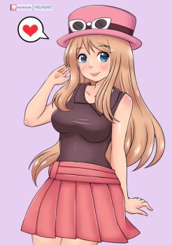 1girl black_shirt blue_eyes blush breasts brown_hair collarbone eyewear_on_head hat heart long_hair looking_at_viewer medium_breasts misune_art nintendo pink_hat pokemon pokemon_xy purple_background red_skirt serena_(pokemon) shirt skirt sleeveless sleeveless_shirt smile speech_bubble spoken_heart standing sunglasses sunglasses_on_head