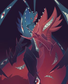 abbadomon abbadomon_core black_background black_cape black_skin cape colored_skin cowboy_shot digimon digimon_(creature) extra_eyes extra_mouth highres multicolored_skin notaventura red_cape red_eyes red_skin sharp_teeth simple_background teeth two-sided_cape two-sided_fabric two-tone_skin