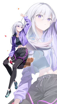1girl absurdres alternate_breast_size_(smaller) alternate_costume arm_up azur_lane black_leggings black_shirt black_shorts black_swim_trunks blue_track_suit bottle breasts brick_wall casual closed_mouth collarbone commentary_request cropped_jacket cropped_shirt drawstring enterprise_(azur_lane) falling_leaves floating_hair full_body grey_shoes hat highres holding holding_bottle jacket leaf leggings long_hair looking_up maple_leaf medium_breasts navel open_clothes open_jacket parted_lips partial_commentary purple_eyes purple_trim rubisco shirt shoes shorts simple_background sitting smile sneakers solo sports_bottle sportswear stomach tied_drawstring track_suit vertical-striped_leggings very_long_hair white_background white_hair