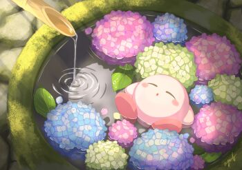 Rule 34 | absurdres, ayuf (va ttc), blue flower, blush stickers, closed eyes, commentary request, flower, green flower, highres, hydrangea, kirby, kirby (series), nintendo, no humans, open mouth, pink flower, sleeping, solo, water