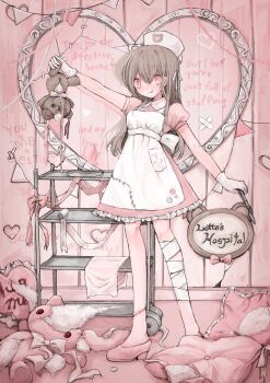 1girl :p apron back_bow bandaged_leg bandages blush bow brown_hair buttons collared_dress crack cracked_wall dress frilled_dress frilled_pillow frills full_body gloves hair_between_eyes hair_intakes hair_ribbon hat heart heart-shaped_pillow highres holding holding_scalpel holding_stuffed_toy long_hair looking_at_object low_block_heels nurse nurse_cap original pillow pink_dress pink_eyes pink_pillow pink_ribbon pink_shoes pink_theme print_hat puffy_short_sleeves puffy_sleeves ribbon scalpel shoes short_sleeves solo standing stitched_leg stitches string_of_flags stuffed_toy stuffing tongue tongue_out torn_apron torn_clothes torn_pillow white_apron white_gloves white_hat white_ribbon writing_on_wall yumeko_(devilxkid)