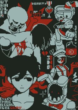 1girl 1other 3boys 9aaaalt29 antenna_hair black_eyes black_hair bonnie_(fnaf) bow bowtie character_request closed_mouth collarbone colored_skin commentary cuphead cuphead_(game) double-parted_bangs drinking_straw ena:_dream_bbq ena_(dream_bbq) ena_(series) expressionless five_nights_at_freddy's frisk_(undertale) hair_between_eyes hat highres limited_palette multiple_boys omori omori_(omori) red_bow red_bowtie sans_(undertale) short_hair symbol-only_commentary tongue tongue_out undertale utdr_(toby_fox) white_skin