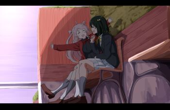 2girls :d ^_^ absurdres ahoge bench black_jacket black_shirt blush brown_shoes closed_eyes collared_shirt commentary dress_shirt fang full_body green_hair grey_socks highres jacket loafers long_hair long_sleeves love_live! love_live!_nijigasaki_high_school_idol_club medium_hair mifune_shioriko miniskirt multiple_girls neck_ribbon nijigasaki_school_uniform on_bench open_clothes open_jacket open_mouth outdoors outstretched_arms pink_hair plaid_clothes plaid_skirt pleated_skirt profile red_jacket red_ribbon ribbon school_uniform shirt shoes sitting skirt smile socks spread_arms two_side_up uchuu_no_mozuku white_shirt white_skirt winter_uniform wooden_bench yellow_ribbon zhong_lanzhu