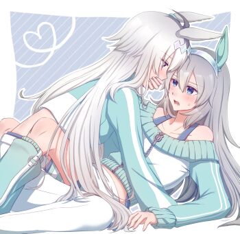 2girls ahoge alternate_costume animal_ears aqua_jacket bare_shoulders blue_eyes blush bra_strap breasts commentary covering_another&#039;s_mouth ear_covers eye_contact fang grey_hair grey_tail hair_between_eyes hair_ornament hairband hand_over_another&#039;s_mouth heart highres horse_ears horse_girl horse_tail imymemine_777 jacket leg_warmers long_hair long_sleeves looking_at_another midriff multicolored_hair multicolored_jacket multiple_girls off-shoulder_jacket off_shoulder oguri_cap_(umamusume) open_mouth pants shorts silver_hairband sweat symbol-only_commentary tail tamamo_cross_(umamusume) teeth umamusume umamusume:_cinderella_gray very_long_hair white_jacket white_pants white_shorts yuri