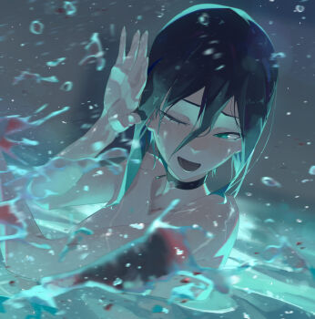 1girl absurdres black_choker black_hair blood chainsaw_man choker green_eyes grenade_pin hair_between_eyes highres one_eye_closed open_mouth partially_submerged pool reze_(chainsaw_man) solo splashing takikomu0