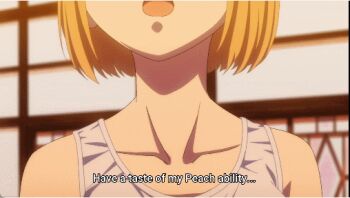 1boy 1girl animated animated_gif anime_screenshot black_hair blonde_hair giant giantess green_eyes growth lowres mato_seihei_no_slave monster outdoors parody subtitled suruga_shushu ultra_series wakura_yuuki