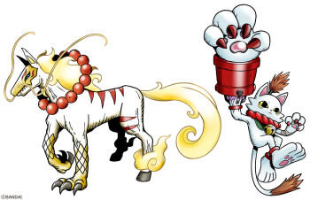 Rule 34 | black sclera, blue eyes, cat, colored sclera, commentary request, digimon, digimon (creature), dragon, full body, hakubamon, horse, large hands, manekimon, no humans, official art, simple background, white background, yellow sclera