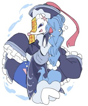 1girl :d ayaka_488 bad_tag blue_dress blue_eyes blue_hair bubble chinese_clothes commentary_request dress full_body furry furry_female gen_7_pokemon hair_ornament hat highres jiangshi_costume long_hair looking_at_viewer mermaid monster_girl multi-tied_hair nintendo ofuda ofuda_on_head open_mouth pearl_hair_ornament pokemon pokemon_(creature) primarina qingdai_guanmao red_ribbon ribbon sea_lion simple_background smile snout solo starfish_hair_ornament talisman white_background