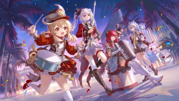 4girls absurdres achyue black_shorts blonde_hair boots breasts bronya_zaychik bronya_zaychik_(herrscher_of_truth) commentary dress drum english_commentary genshin_impact green_eyes grey_eyes grey_hair highres holding holding_instrument honkai:_star_rail honkai_(series) honkai_impact_3rd instrument instrument_request klee_(genshin_impact) los_angeles mihoyo multiple_girls night palm_tree pointy_ears raccoon red_dress red_eyes red_hair shorts simple_background small_breasts smile socks sparkle_(honkai:_star_rail) sparxie_(honkai:_star_rail) thighs tree twintails ukinami_yuzuha white_boots white_dress white_hair white_socks zenless_zone_zero