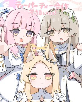 Rule 34 | 3girls, :d, absurdres, animal ears, black neckerchief, blonde hair, blue archive, blue bow, blue bowtie, blunt bangs, blush, bow, bowtie, brown eyes, brown hair, capelet, commentary request, dress, flower, fox ears, hair between eyes, hair bun, hair flower, hair ornament, halo, highres, long hair, long sidelocks, mika (blue archive), multiple girls, nagisa (blue archive), neckerchief, open mouth, pink hair, pink halo, sailor collar, seia (blue archive), sidelocks, single hair bun, sleeves past fingers, sleeves past wrists, smile, tea party (blue archive), translation request, watanuki (f41co ), white capelet, white dress, white sailor collar, yellow eyes, yellow halo