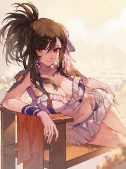 Rule 34 | 1girl, bare shoulders, bikini, bikini skirt, black hair, breasts, brown hair, cleavage, closed mouth, collarbone, commentary, elbow rest, feet out of frame, final fantasy, final fantasy vii, final fantasy vii rebirth, final fantasy vii remake, flower, frilled bikini, frills, hair flower, hair ornament, halterneck, highres, large breasts, long hair, looking at viewer, navel, official alternate costume, official alternate hairstyle, on bench, orange sekaii, outdoors, pink lips, red eyes, sidelocks, sitting, smile, solo, stomach, swimsuit, thighs, tifa lockhart, tifa lockhart (shining spirit), white bikini, yokozuwari