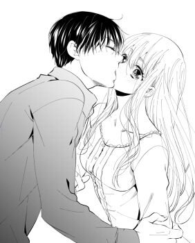 1boy 1girl breasts cleavage closed_eyes collarbone collared_shirt commentary_request greyscale hachiya_nanao hetero kiss long_hair medium_breasts monochrome otouto_wa_midarana_yajuu shirt