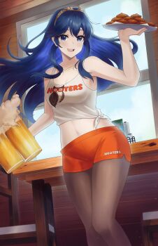 1girl :d absurdres alcohol bare_shoulders beer beer_mug blue_eyes blue_hair brand_of_the_exalt breasts chair chicken_(food) chicken_wing cleavage commentary commission cowboy_shot crop_top cup doiparuni dolphin_shorts english_commentary fire_emblem fire_emblem_awakening foam food highres holding holding_cup holding_plate hooters hootie_the_owl_(hooters) indoors long_hair looking_at_viewer lucina_(fire_emblem) midriff mug navel nintendo open_mouth orange_shorts pantyhose pantyhose_under_shorts plate second-party_source shirt short_shorts shorts sidelocks sleeveless sleeveless_shirt small_breasts smile solo symbol_in_eye table tank_top teeth textless_version tiara tied_shirt upper_teeth_only waitress white_tank_top window
