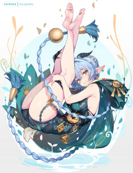 1girl animal_ears black_horns blue_hair braid breasts closed_mouth commentary_request full_body goat_ears goat_girl goat_horns goat_tail green_eyes highres hong_(white_spider) horns legs legs_up long_hair looking_at_viewer lucia_elowen medium_breasts patreon_username pointy_ears smile soles solo tail thigh_strap thighs toes twin_braids very_long_hair zenless_zone_zero