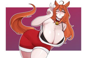 absurdres ahoge animal_ears armpits bell black_bra bra breasts brothbowl cleavage collar dress highres horse_ears horse_girl horse_tail huge_breasts indie_virtual_youtuber jingle_bell large_breasts long_hair lucahjin_(character) mature_female mole mole_on_breast mole_under_eye one_eye_closed orange_eyes orange_hair red_dress santa_costume santa_dress tail teasing thick_thighs thighs underwear v virtual_youtuber