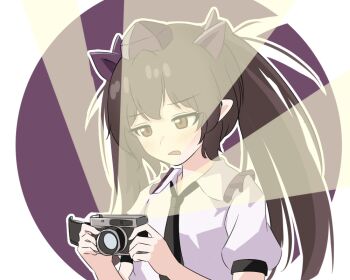 Rule 34 | 1girl, black necktie, bow, brown eyes, brown hair, camera, commentary, frilled shirt collar, frills, frown, hair bow, hat, himekaidou hatate, holding, holding camera, light rays, long hair, mfng235717, necktie, open mouth, pointy ears, puffy short sleeves, puffy sleeves, purple background, purple bow, purple hat, shirt, short sleeves, single-lens reflex camera, solo, tokin hat, touhou, twintails, white shirt, wing collar