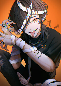 1boy :p absurdres arm_tattoo bandages black_shirt brown_hair commentary ear_piercing english_commentary finger_tattoo fingernails halloween highres jewelry male_focus nail_polish necklace niwa281610 orange_background orange_eyes orange_nails original piercing shirt solo tattoo teeth tongue tongue_out tongue_piercing upper_teeth_only vignetting