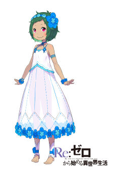 1girl absurdres ankle_flower armlet bare_shoulders barefoot blue_ribbon blue_scrunchie blush_stickers child closed_mouth collarbone commentary_request copyright_name dark-skinned_female dark_skin dress flat_chest flower full_body green_hair hair_flower hair_ornament head_wreath highres jewelry looking_at_viewer neck_ribbon official_art ootsuka_shin&#039;ichirou open_hands outstretched_arms re:zero_kara_hajimeru_isekai_seikatsu red_eyes ribbon scrunchie see-through_clothes see-through_dress see-through_silhouette short_hair simple_background smile solo standing tachi-e title typhon_(re:zero) white_background white_dress wrist_scrunchie