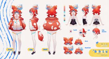 1girl absurdres artist_name black_shoes blue_eyes blue_hair bubulle_cafishy center_frills closed_mouth color_guide commentary double_bun english_commentary fish_hair_ornament frills ghost_zara hair_bun hair_ornament high-waist_shorts highres hood hood_down hoodie indie_virtual_youtuber multicolored_hair multiple_views open_mouth pointy_ears red_hair reference_sheet second-party_source shirt shoes shorts streaked_hair thighhighs twitch_username virtual_youtuber white_hair white_shirt white_thighhighs