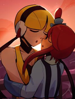 2girls almost_kiss arms_around blonde_hair blush breasts cleavage closed_eyes cloud cloudy_sky collar couple elesa_(pokemon) female_focus fence gloves gym_leader headgear headphones height_difference hug lunatuneflowers multiple_girls nintendo ocean open_mouth outdoors pale_skin pokemon pokemon_bw red_hair shirt short_hair sky skyla_(pokemon) strap sunset tan water wire yuri