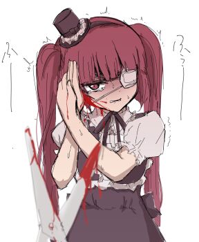 1girl black_dress blood blood_on_face blood_on_hands blood_on_scissors bloody_scissors blunt_bangs clenched_teeth covering_own_ears crying crying_with_eyes_open dress eyepatch frilled_sleeves frills gothic_lolita hanazono_yurine hat highres jashin-chan_dropkick lolita_fashion looking_at_viewer medical_eyepatch mini_hat mini_top_hat red_eyes red_hair ryona shaded_face shino_(yaruki_nai_yatsu) simple_background sweat tears teeth top_hat trembling twintails white_background