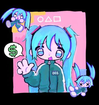black_border blue_eyes blue_hair border chibi chibi_inset circle green_pants green_track_suit hair_between_eyes hatsune_miku highres http_oopsy jacket o_o open_mouth pants pink_background speech_bubble spoken_money square squid_game track_jacket track_pants track_suit triangle v vocaloid x_x