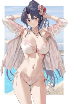 1girl armpits arms_behind_head arms_up black_hair blush border bra breasts cleavage closed_mouth commentary_request floral_print floral_print_bra floral_print_panties flower gluteal_fold hair_flower hair_ornament high_ponytail highres hiiragi_yuuichi jacket jewelry kanzaki_ouka kendo_shoujo large_breasts long_hair long_sleeves looking_at_viewer midriff multicolored_jacket navel necklace open_clothes open_jacket outside_border panties parted_bangs pink_bra pink_jacket pink_panties ponytail print_panties purple_eyes side-tie_panties solo stomach thighs two-tone_jacket underwear very_long_hair white_border white_jacket