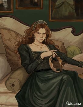1girl a_song_of_ice_and_fire alicent_hightower brown_hair calli_exists couch crown curly_hair dress glaring green_dress highres holding holding_crown jewelry long_hair looking_at_viewer necklace on_couch painting_(object) solo