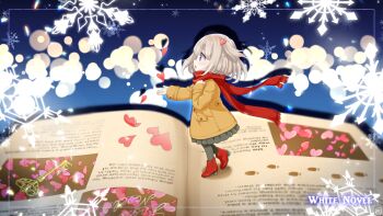 1girl blonde_hair blurry bokeh book coat commentary_request depth_of_field full_body grey_pantyhose grey_skirt hair_ornament heart heart_hair_ornament highres key looking_to_the_side open_book original pantyhose pleated_skirt profile red_scarf red_shoes scarf shoes signature skirt snowflakes solo yellow_coat yomo_(rb_crr)