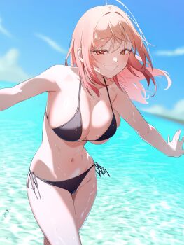Rule 34 | 1girl, absurdres, bikini, black bikini, blue sky, blurry, blurry background, breasts, collarbone, commentary, day, halterneck, highres, hololive, hololive dev is, ichijou ririka, inuinuo gataken, large breasts, long hair, looking at viewer, navel, ocean, outdoors, outstretched arms, pink eyes, pink hair, side-tie bikini bottom, skindentation, sky, smile, solo, spread arms, swimsuit, untranslatable commentary, virtual youtuber