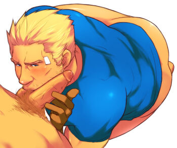 2boys ass bandaid bandaid_on_face bara blonde_hair blue_shirt blush bottomless brown_gloves cid_highwind erection fellatio final_fantasy final_fantasy_vii from_above gloves looking_at_penis magnum_feering male_focus multiple_boys no_pants oral penis pubic_hair shirt testicles veins veiny_penis white_background yaoi