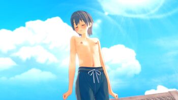 1girl 3d artist_request beach blue_male_swimwear blue_sky blue_swim_trunks blush closed_eyes crossdressing crossdressing_(ftm) drawstring female_focus flat_chest grey_eyes grey_hair highres idolmaster idolmaster_cinderella_girls male_swimwear male_swimwear_challenge nipples otokura_yuuki reverse_trap sky solo source_request standing swim_trunks swimsuit tagme topless_female