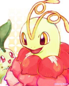 :3 absurdres antennae artist_name chikorita commentary gen_2_pokemon highres leaf mega_meganium mega_pokemon meganium mew_mew_chikorita_moon nintendo no_humans nostrils open_mouth pokemon pokemon_(creature) pokemon_focus red_eyes smile yellow_eyes
