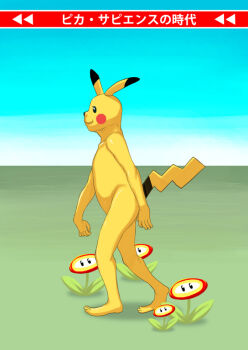 animal_ears bad_id bad_pixiv_id barefoot blush_stickers completely_nude creature crossover day evolution fire_flower flower from_side full_body gen_1_pokemon kouno_(masao) manchu mario_(series) nintendo no_humans nude outdoors parody personification photoshop_(medium) pikachu pikadorf pikaman pokemon pokemon_(creature) solo tail translated walking what