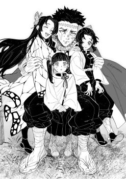 1boy 3girls animal_print beads belt blank_eyes blunt_bangs blush butterfly_hair_ornament butterfly_print closed_eyes closed_mouth commentary crying demon_slayer_uniform full_body greyscale hair_ornament haori happy height_difference highres himejima_gyoumei holding_another&#039;s_arm hug japanese_clothes kimetsu_no_yaiba kochou_kanae kochou_shinobu koyomania long_hair long_sleeves monochrome multiple_girls on_grass one_eye_closed open_mouth pants parted_bangs prayer_beads puckered_lips sandals scar scar_on_face scar_on_forehead short_hair siblings side_ponytail simple_background sisters standing symbol-only_commentary toes tsuyuri_kanao twitter_username white_background wide-eyed