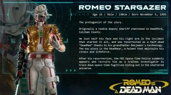 Rule 34 | belt, character profile, energy sword, english text, gloves, helmet, jacket, male focus, mechanical arms, mechanical head, one-eyed, red belt, romeo is a dead man, romeo stargazer, science fiction, shirt, single sleeve, sword, torn clothes, torn shirt, weapon, white gloves, white shirt, yellow jacket