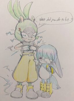age_difference blue_fur blue_hair boots child comforting crying fennec_fox fox green_fur green_hair idw_publishing kitsunami_the_fennec long_ears pants ponytail shota siblings sleeveless sonic_(series) sonic_the_hedgehog_(idw) sportswear surge_the_tenrec tail tenrec_girl tomii_pepe traditional_media