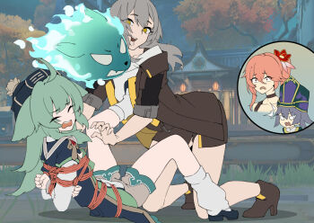 Rule 34 | 1boy, 3girls, ahoge, bound, chen zi, cirrus (honkai: star rail), green hair, grey hair, guinaifen (honkai: star rail), hair ornament, highres, honkai: star rail, honkai (series), huohuo (honkai: star rail), jacket, long hair, multiple girls, ponytail, red eyes, rope, saliva, shibari, short hair, shorts, socks, spread legs, stelle (honkai: star rail), surprised, tail (honkai: star rail), thighhighs, trailblazer (honkai: star rail), yuri