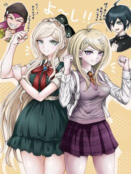 Rule 34 | 2boys, 2girls, absurdres, ahoge, akamatsu kaede, belt, black bow, black hair, black hat, black jacket, blonde hair, blush, bow, bowtie, braid, breasts, clenched hand, closed mouth, collared shirt, commentary request, crown braid, danganronpa (series), danganronpa 2: goodbye despair, danganronpa v3: killing harmony, dress, fortissimo, gem, green dress, hair bow, hair ornament, hands up, hat, highres, jacket, jumpsuit, large breasts, long hair, long sleeves, looking at viewer, moon (moon0771110), multicolored hair, multiple boys, multiple girls, musical note, musical note hair ornament, necktie, open mouth, pink sweater vest, pleated skirt, red bow, red bowtie, saihara shuichi, sharp teeth, shirt, short hair, short sleeves, skirt, smile, soda kazuichi, sonia nevermind, striped clothes, striped jacket, sweater vest, teeth, translation request, white belt, white shirt, yellow jumpsuit