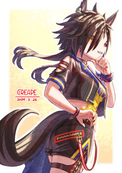 1girl air_shakur_(umamusume) air_shakur_(unsigned)_(umamusume) animal_ears black_hair black_jacket black_shorts blush breasts commentary_request creape cropped_jacket highres horse_ears horse_girl horse_tail jacket long_hair open_clothes parted_lips shirt short_sleeves shorts smile solo tail teeth thigh_strap umamusume yellow_eyes yellow_shirt zipper