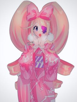 1girl animal_print blonde_hair blue_eyes bow breath colored_eyepatch dated drill_hair earrings eyepatch frilled_umbrella frills fur-trimmed_kimono fur_trim fur_wrist_cuffs harime_nui heart heart_earrings highres japanese_clothes jewelry kill_la_kill kimono ktg10kn long_hair pink_bow pink_kimono rabbit_print skull_print twin_drills umbrella white_background wrist_cuffs