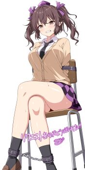 Rule 34 | 1girl, alternate costume, bdsm, black necktie, black skirt, black socks, blush, bondage, bound, bound arms, breasts, brown hair, brown shoes, cardigan, chain, chair, checkered clothes, checkered skirt, clenched teeth, collared shirt, commentary request, commission, crossed legs, hat, highres, himekaidou hatate, large breasts, loafers, looking at viewer, missing wings, necktie, on chair, pointy ears, purple hat, purple skirt, rise (rise19851203), school chair, school uniform, shirt, shoes, signature, simple background, sitting, skeb commission, skirt, socks, solo, teeth, thighs, tokin hat, touhou, translation request, twintails, two-tone skirt, white background, white shirt, yellow cardigan