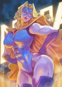 1girl absurdres blonde_blazer blonde_hair blue_gloves blue_leotard blue_mask bodysuit bodysuit_under_clothes boots breasts cape city_lights clenched_hands closed_mouth commentary curtained_hair dispatch domino_mask english_commentary eye_mask female_focus floating_hair gem gloves hands_on_own_hips head_tilt highres hirosenpai leotard mask medium_breasts night outdoors pink_lips red_gemstone red_lips solo thick_lips thick_thighs thigh_boots thighs toned toned_female white_bodysuit yellow_cape