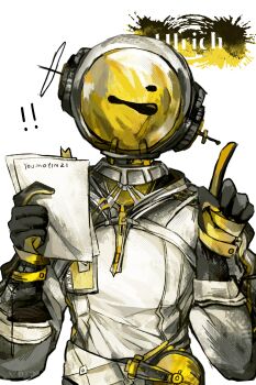 ! !! 1boy absurdres artist_name black_gloves character_name chinese_commentary commentary_request ferrofluid fishbowl_helmet gloves hands_up highres holding holding_paper index_finger_raised jumpsuit male_focus object_head paper reverse:1999 solo ulrich_(reverse:1999) upper_body white_jumpsuit youmo_yinzi